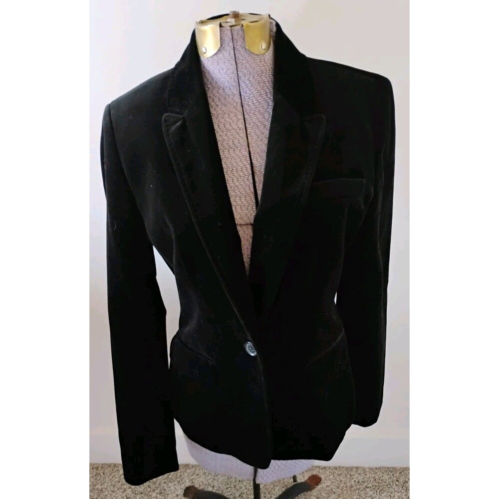 J. Crew Women’s Black Velvet Cotton Blazer One Button Satin Lined Size 8 Y2K